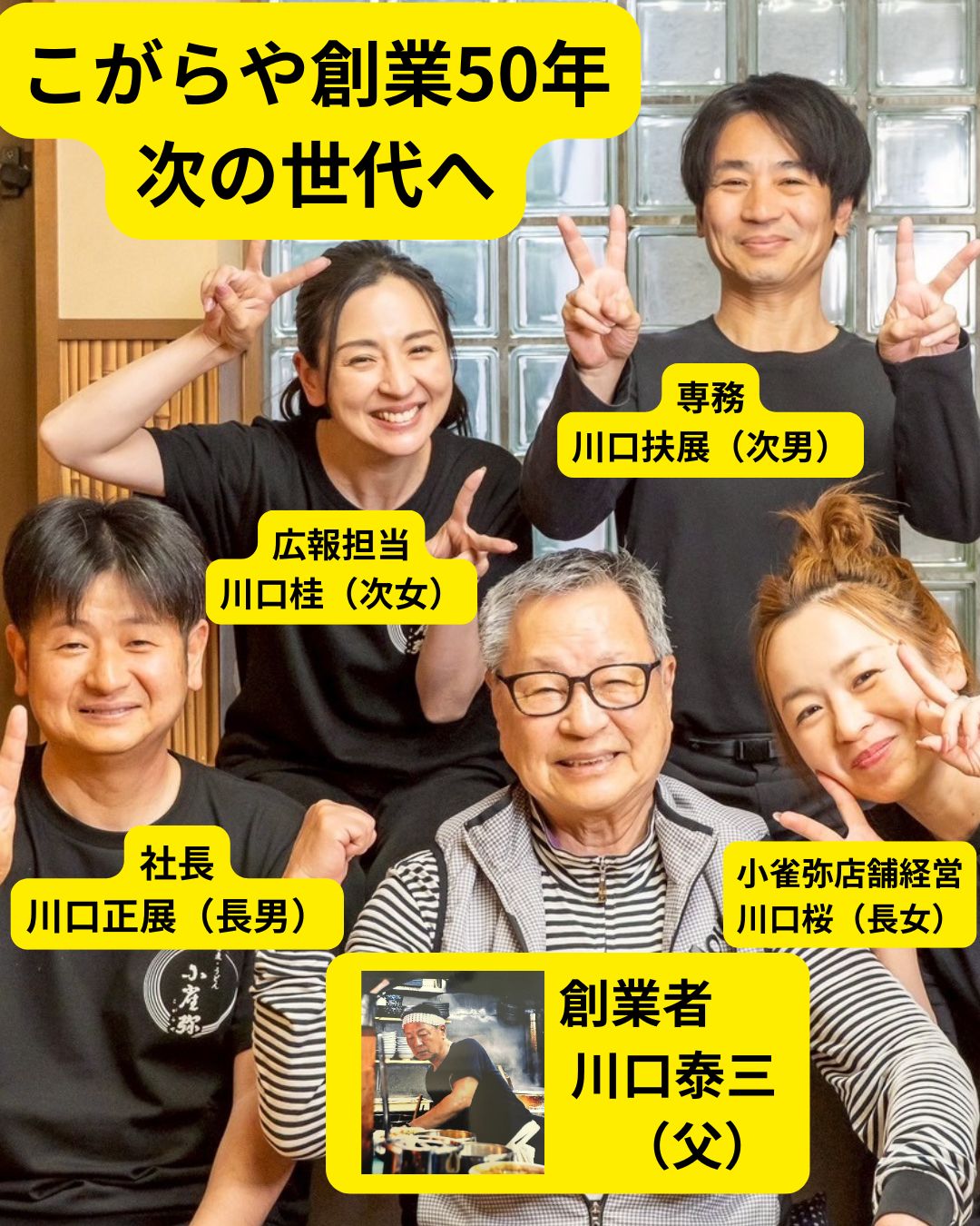 創業者　川口秦三　代表取締役社長　川口正展　専務取締役　川口扶展　